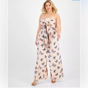 NINA PARKER Strapless pink rose satin look butterfly print Jumpsuit size 24W new